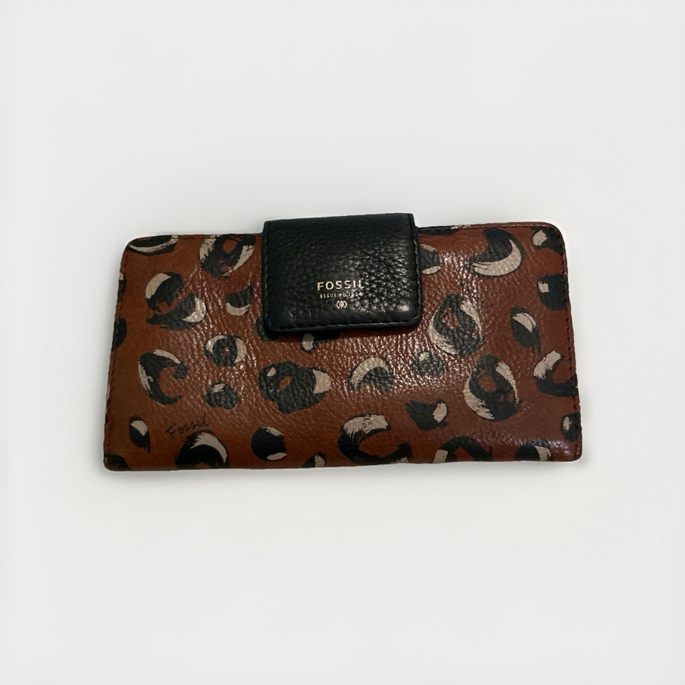 Fossil Wallet Brown with Black Swirls Pattern Leather